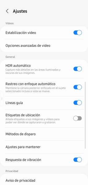 Cámara de Android - Ajustes de video