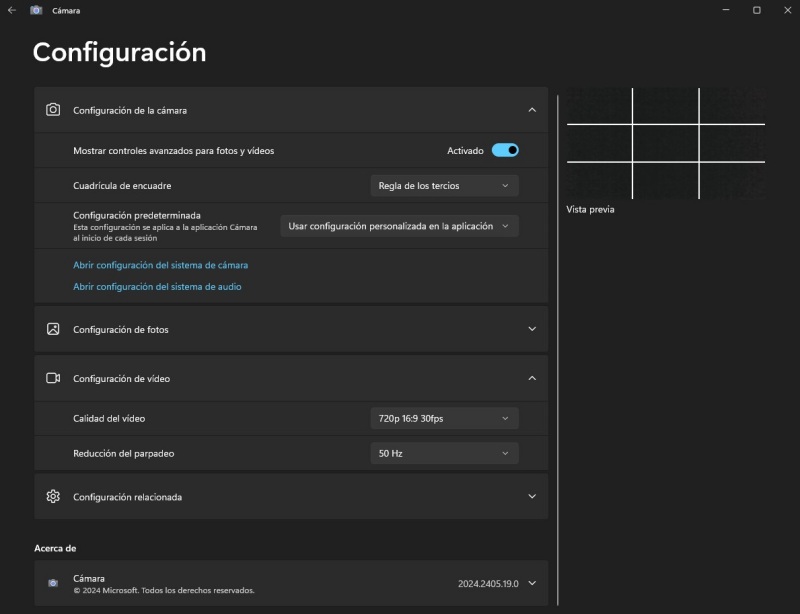 Configuraciones de la cámara de Windows