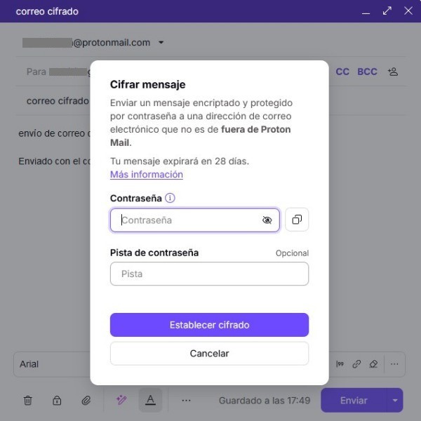 Activación de cifrado con contraseña