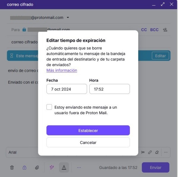 Edición de tiempo de expiración del correo