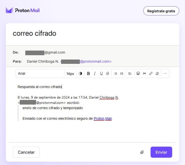 Respuesta al correo cifrado desde la ventana segura