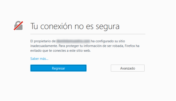 Notificación de Firefox por conexión insegura debido a sitio configurado inadecuadamente.