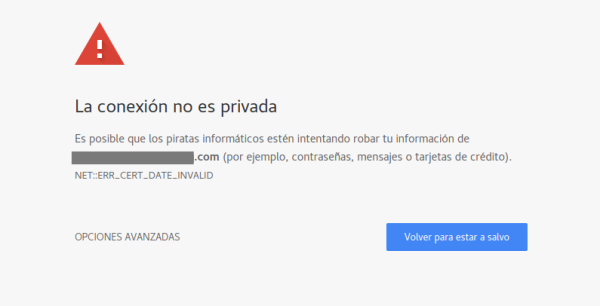 Notificación de conexión no privaada debido a certificado inválido.