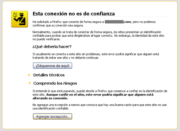 Notificación de Firefox de conexión no confiable por identidad del sitio que no puede ser verificada.