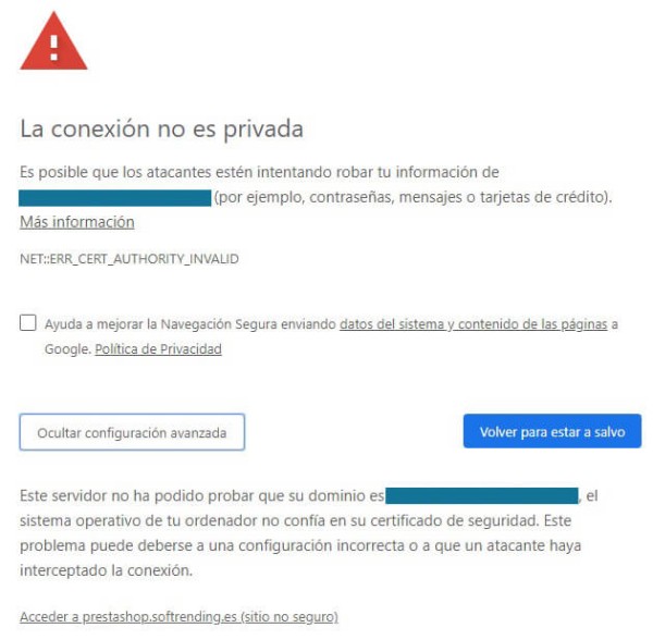Notificación de conexión no privada por certificado inválido.