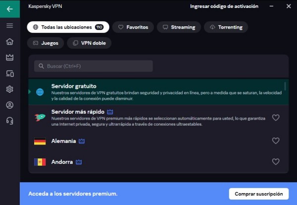 Ubicaciones de los servidores VPN de Kaspersky.